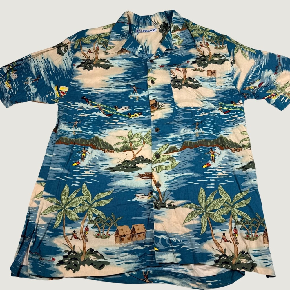 Utility Button Up Shirt Large Blue Tropical Island Surfer Short Sleeve Hawaiian